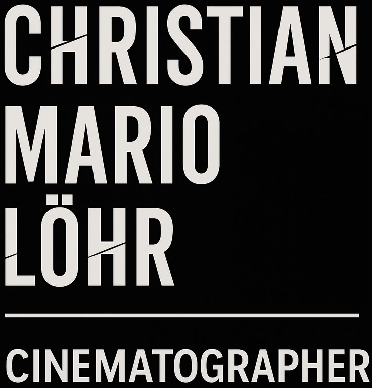 "CHRISTIAN MARIO LÖHR" in large white letters on a black background, with "CINEMATOGRAPHER" below in smaller letters separated by a line. A cinematography Logo